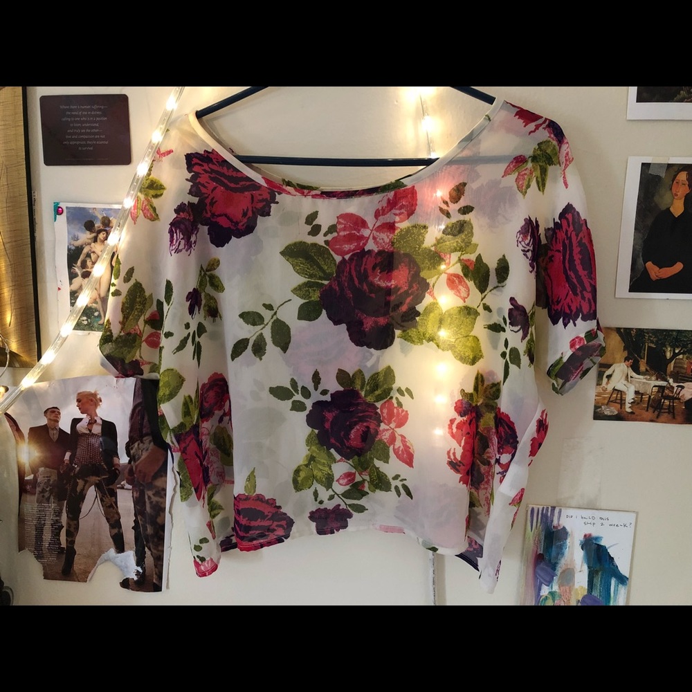 Floral sheer white blouse